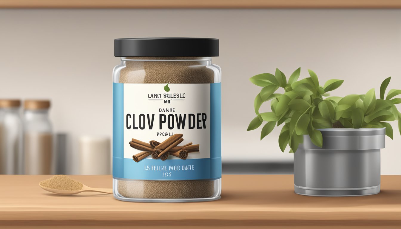 A tightly sealed jar of clove powder on a shelf, with a label indicating the date it was opened