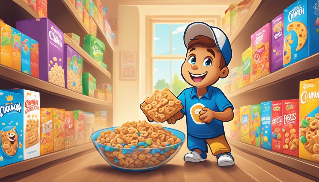 A box of Cinnamon Toast Crunch sits on a clean, organized cereal shelf, surrounded by other colorful cereal boxes. The packaging is bright and eye-catching, with the familiar cartoon mascot smiling on the front