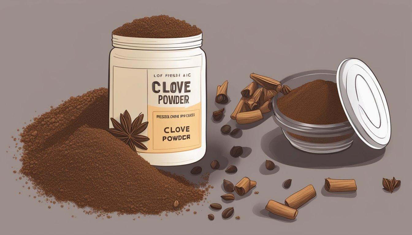 A jar of clove powder with a labeled expiration date and a pile of fresh whole cloves next to it