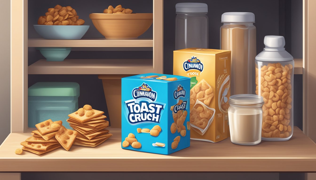 A sealed box of Cinnamon Toast Crunch sits on a clean, organized pantry shelf, away from direct sunlight and moisture