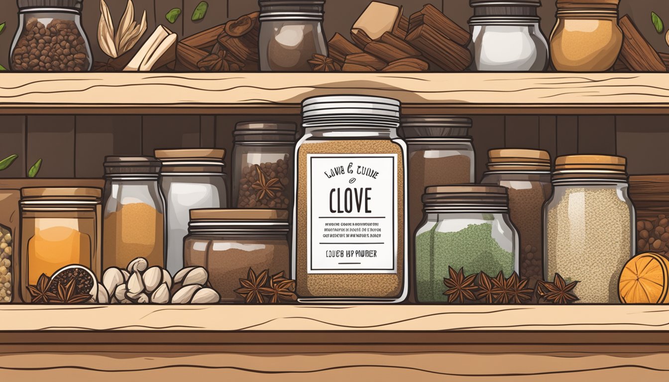 A jar of clove powder sits on a kitchen shelf, surrounded by other spices and ingredients. The label on the jar indicates the date of purchase