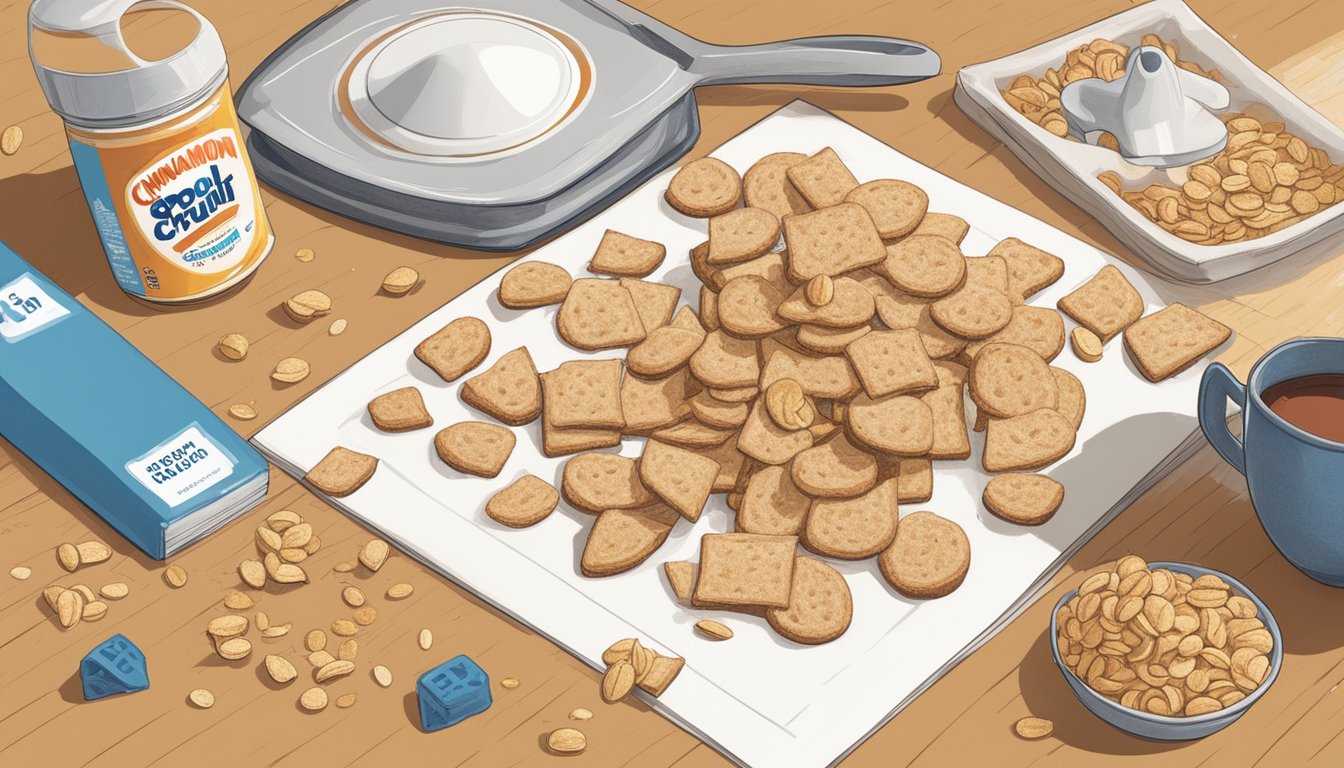 A box of Cinnamon Toast Crunch sits on a kitchen counter, surrounded by a calendar and a clock, with a few cereal pieces scattered around to indicate spoilage