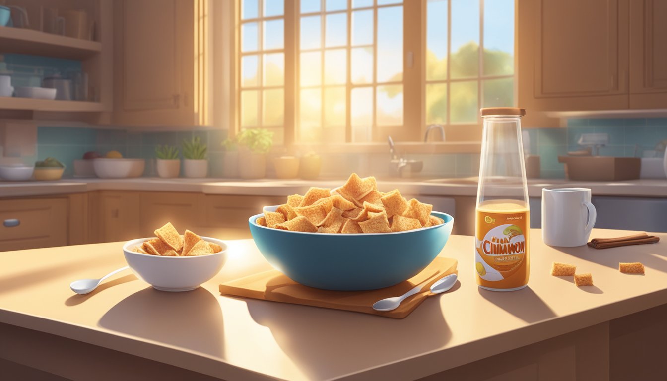 A box of Cinnamon Toast Crunch sits on a kitchen counter, surrounded by a bowl and spoon. Rays of sunlight filter through the window, casting a warm glow on the scene