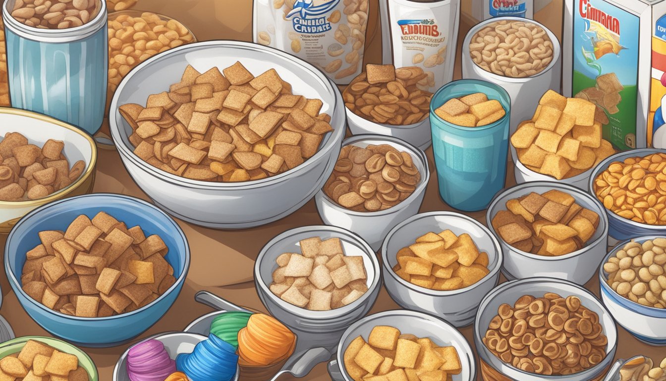 A bowl of Cinnamon Toast Crunch sits on a kitchen counter, surrounded by a variety of different flavored cereal boxes