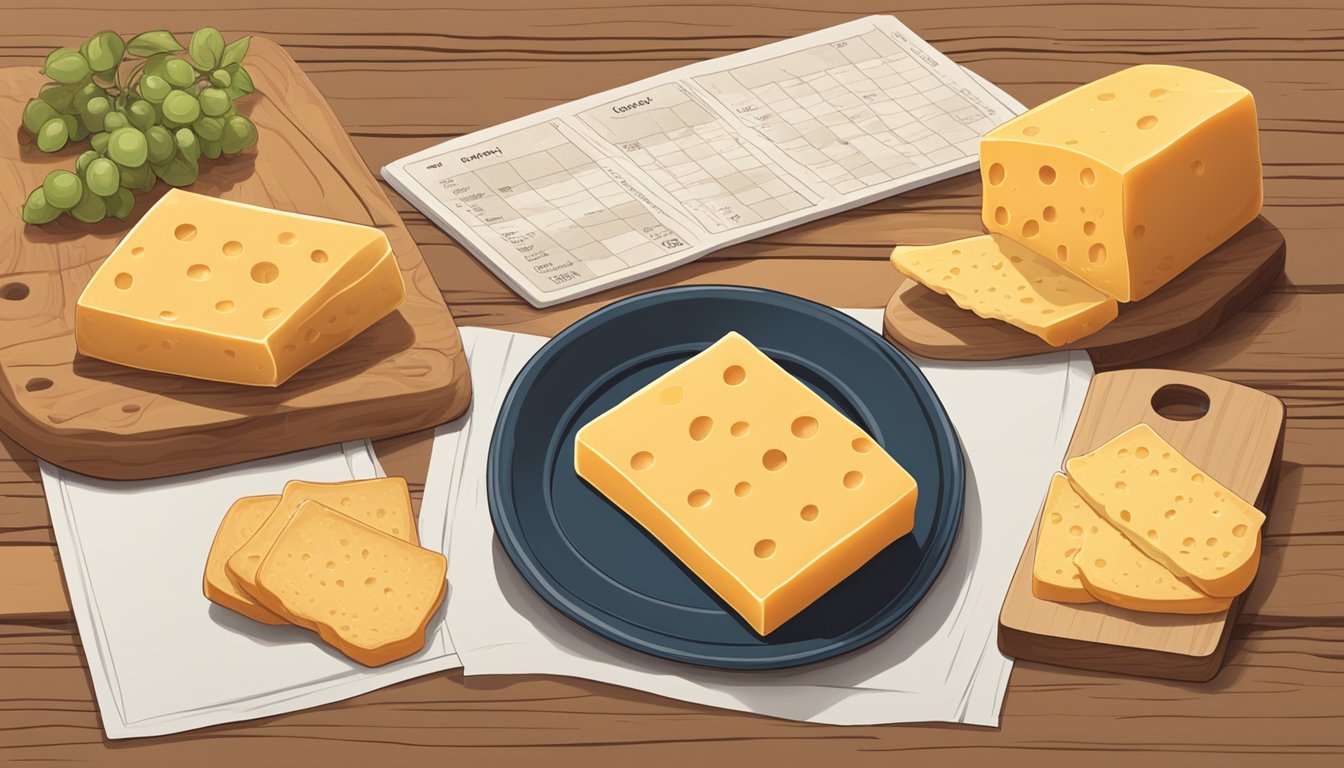 A block of Colby cheese sits on a wooden cutting board, surrounded by a few slices. A calendar on the wall shows the current date, with a few days circled in red