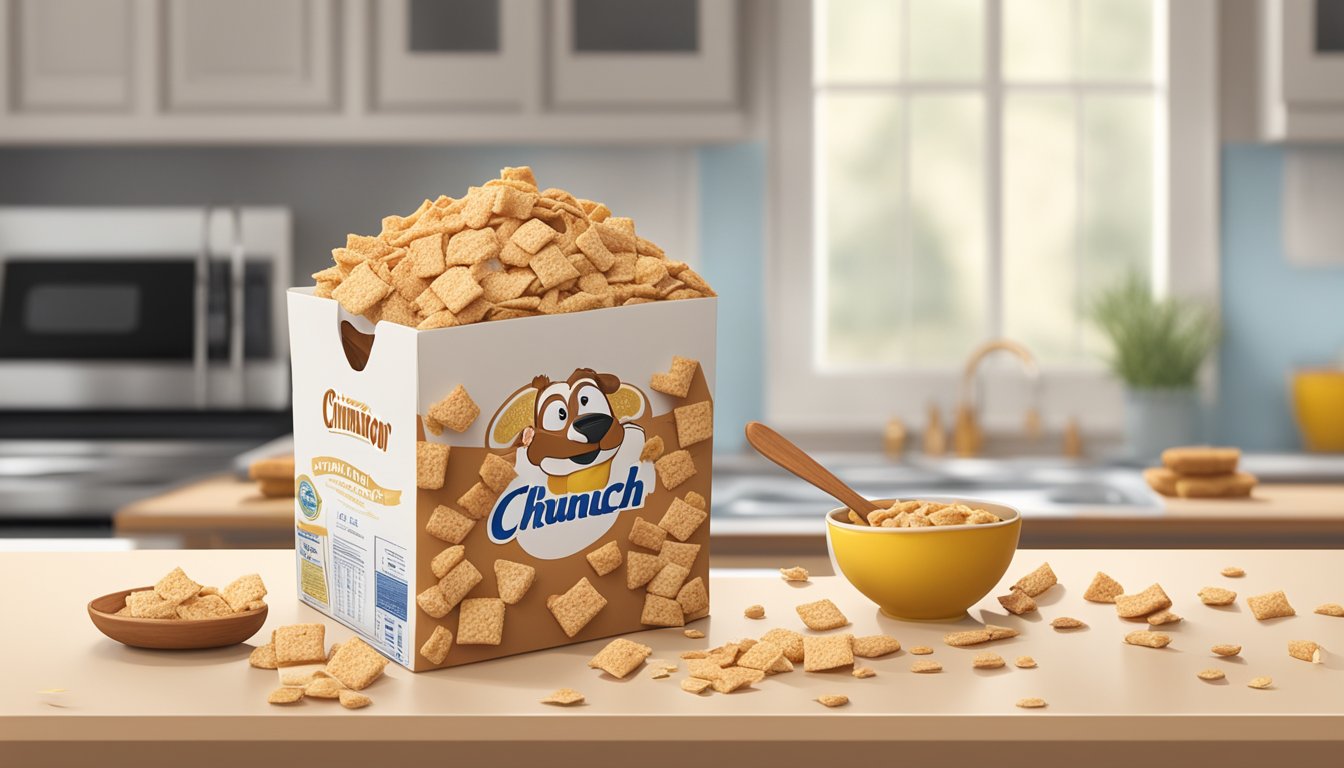 A box of Cinnamon Toast Crunch sits on a kitchen counter, surrounded by scattered cereal pieces and a measuring spoon