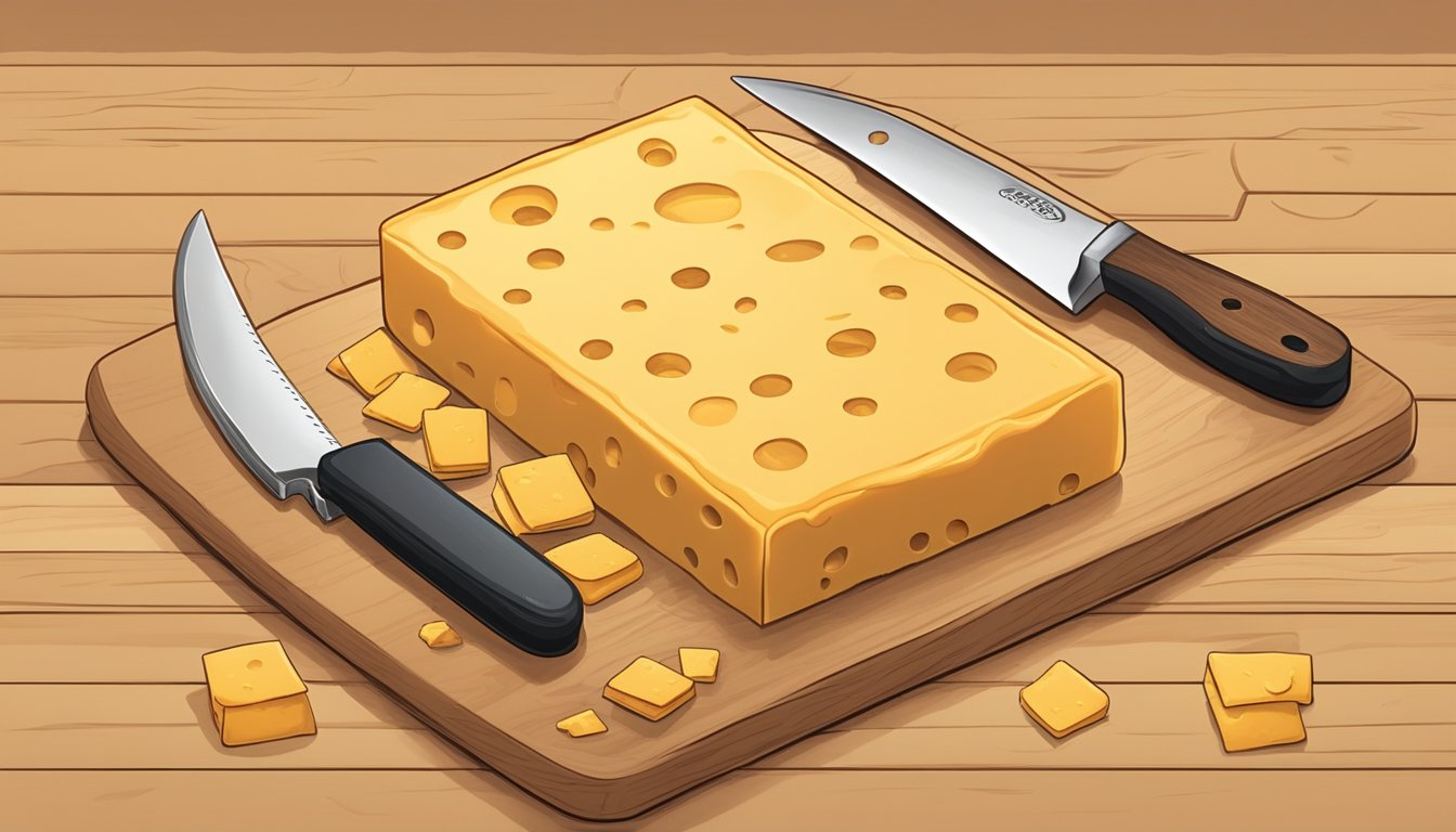 A block of Colby cheese sits on a wooden cutting board, surrounded by a cheese slicer, a knife, and a small dish of crackers