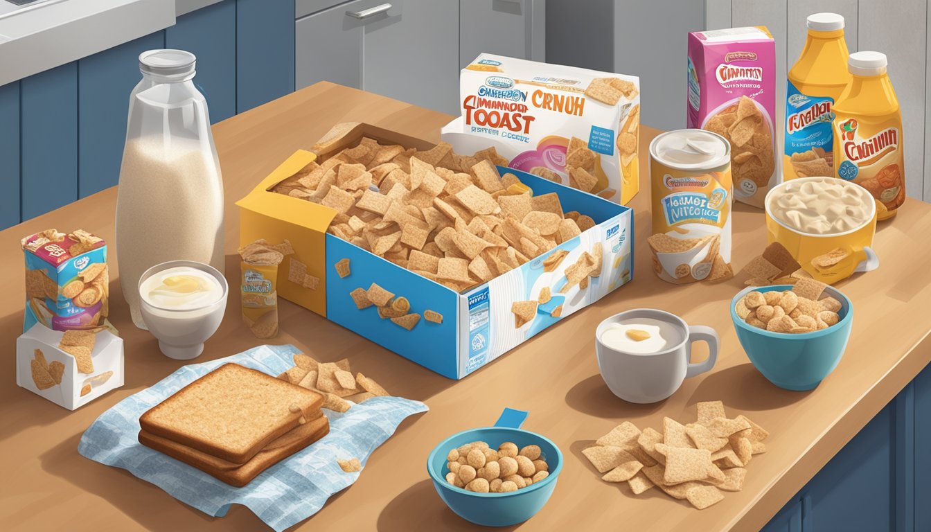 A box of Cinnamon Toast Crunch sits unopened on a kitchen counter, surrounded by various other breakfast items