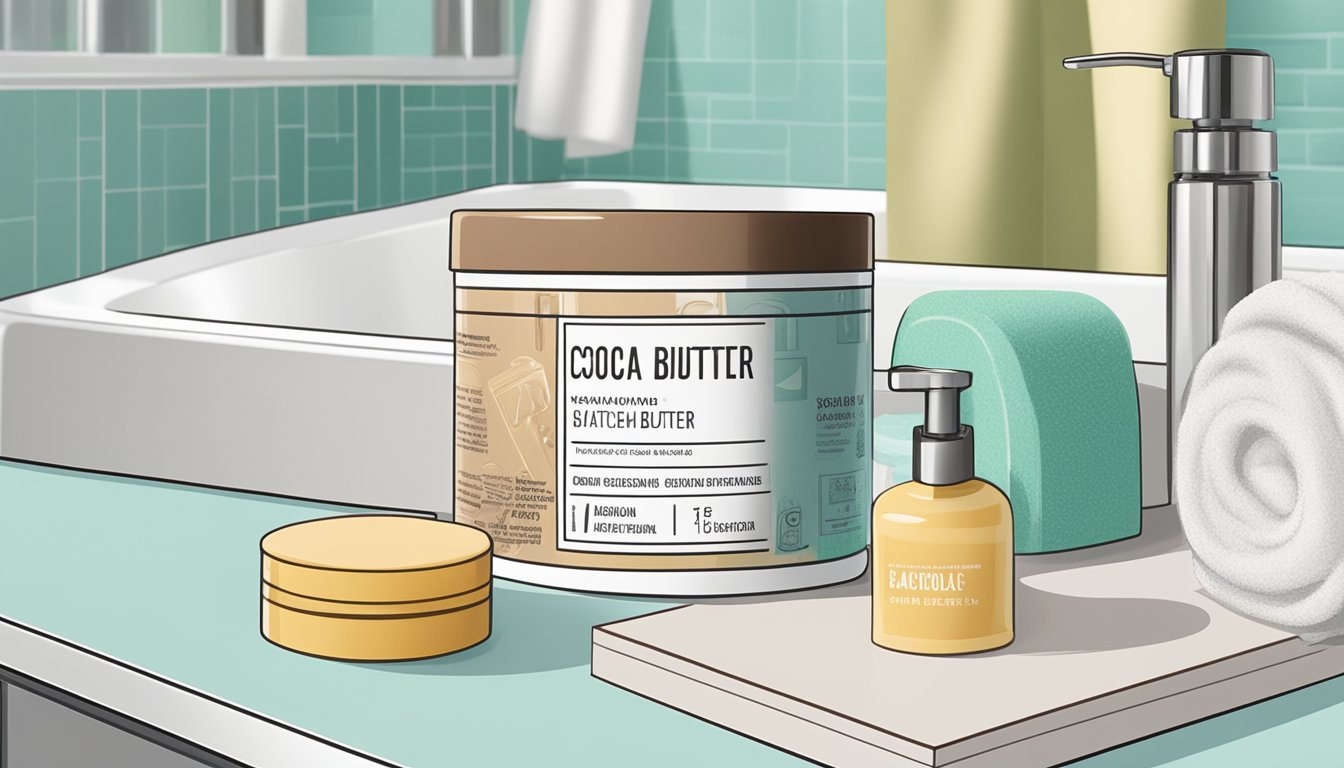 A jar of cocoa butter sits on a bathroom counter, surrounded by various skincare products. The label on the jar indicates it has been opened and used