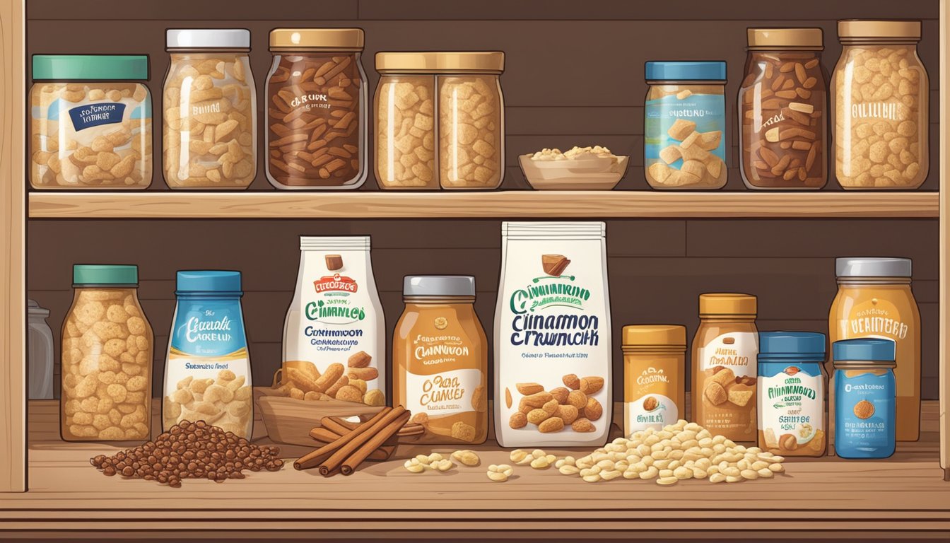 A box of Cinnamon Toast Crunch sits on a pantry shelf, surrounded by jars of spices. A bowl of cereal with milk is on the counter