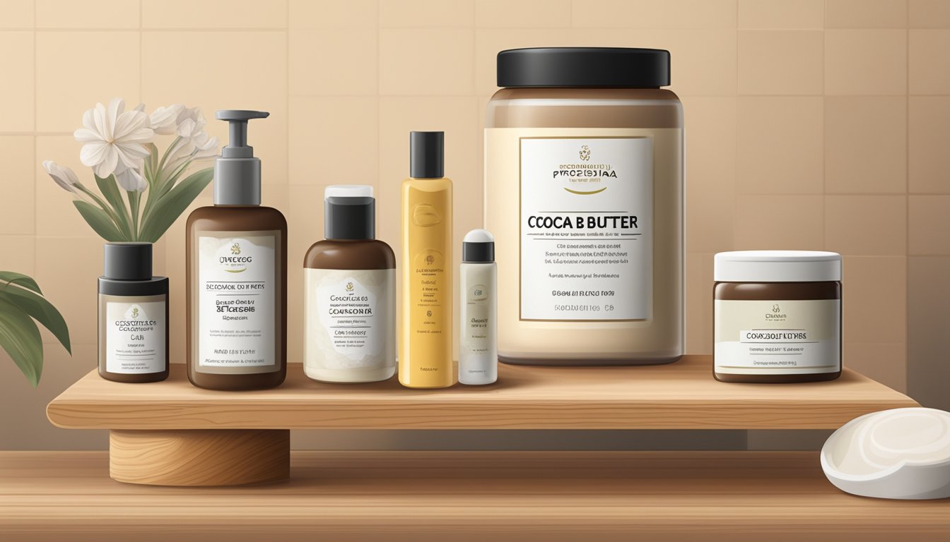 A jar of cocoa butter sits on a wooden shelf, surrounded by other skincare products. The label on the jar indicates the expiration date