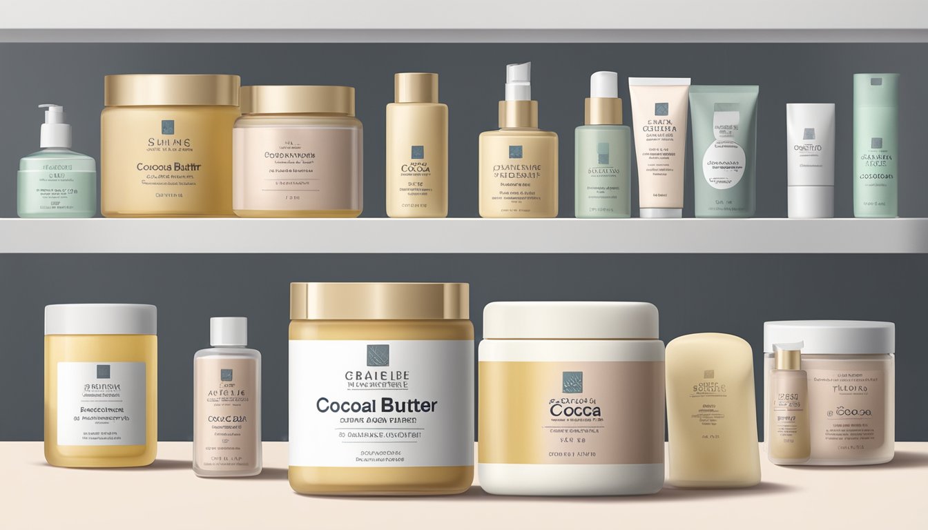 A jar of cocoa butter sits on a shelf, surrounded by other skincare products. The label indicates the expiration date, while the creamy texture is visible through the transparent container