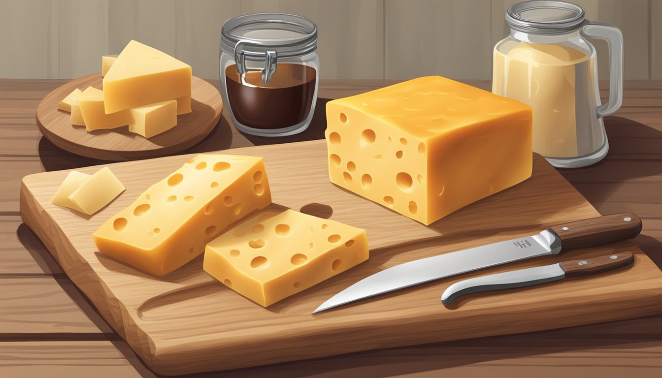 A block of Colby cheese sits on a wooden cutting board next to a knife. The cheese is surrounded by various ingredients and cooking utensils, indicating that it is being used in a recipe