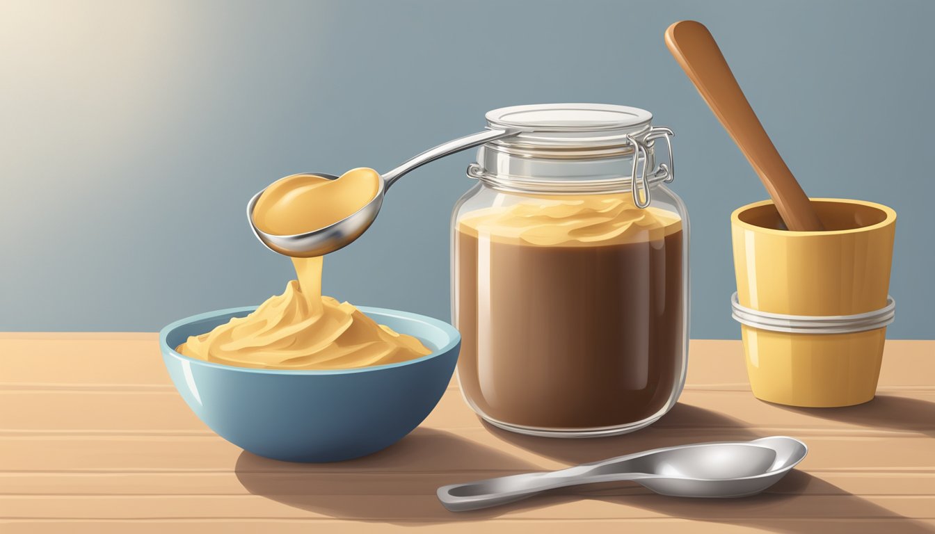 A jar of cocoa butter sits on a kitchen counter next to a mixing bowl and a measuring spoon. A small dollop of cocoa butter is being added to a recipe