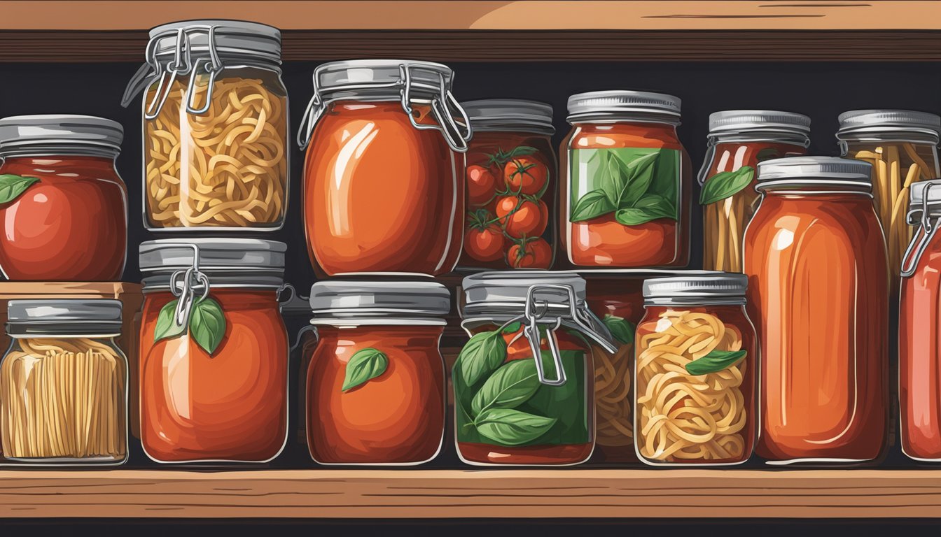 A jar of Classico Tomato and Basil Pasta Sauce sits unopened on a pantry shelf, surrounded by other food items