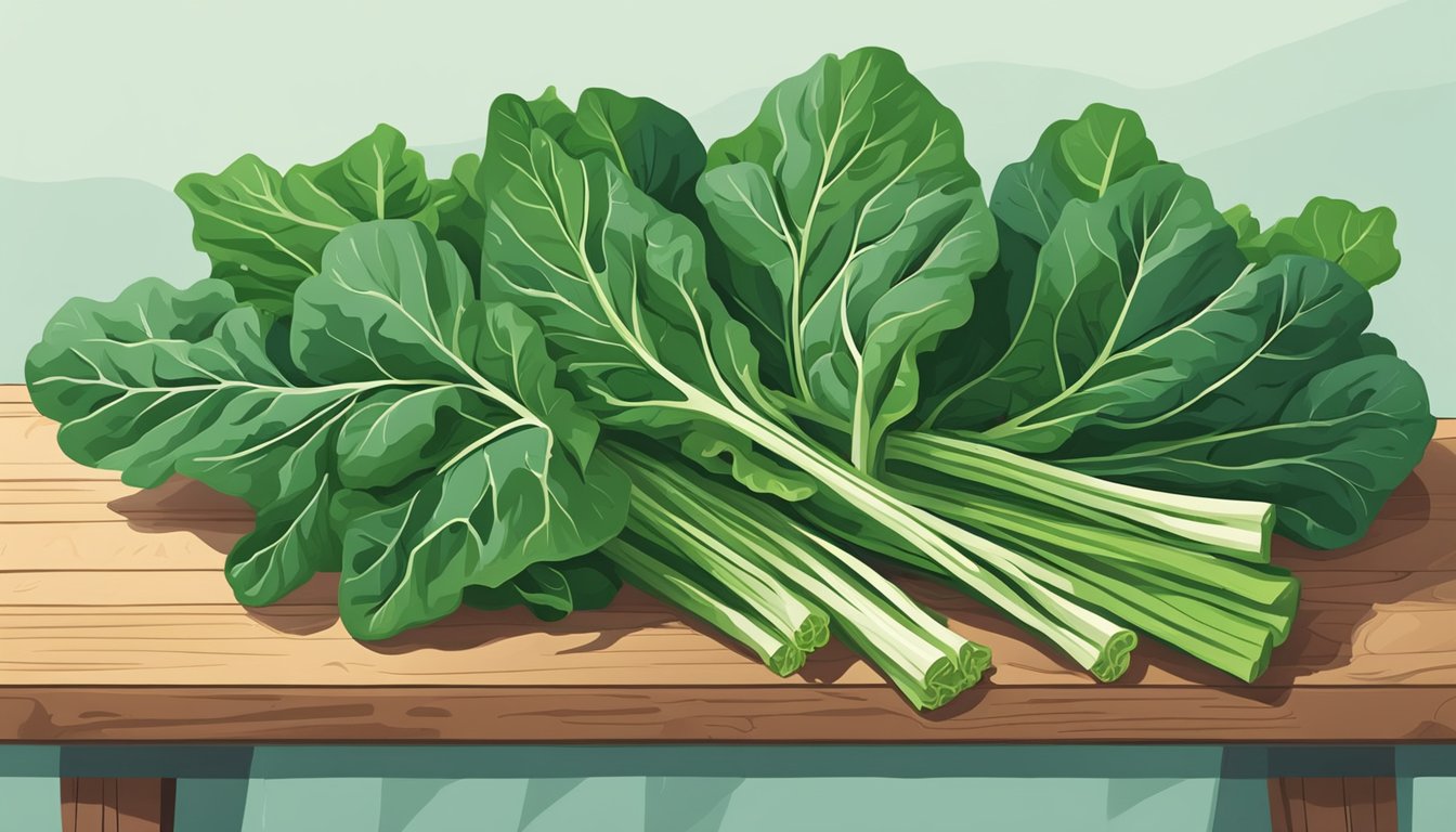 A bunch of fresh collard greens sits on a wooden cutting board, surrounded by vibrant green leaves and a few loose stems