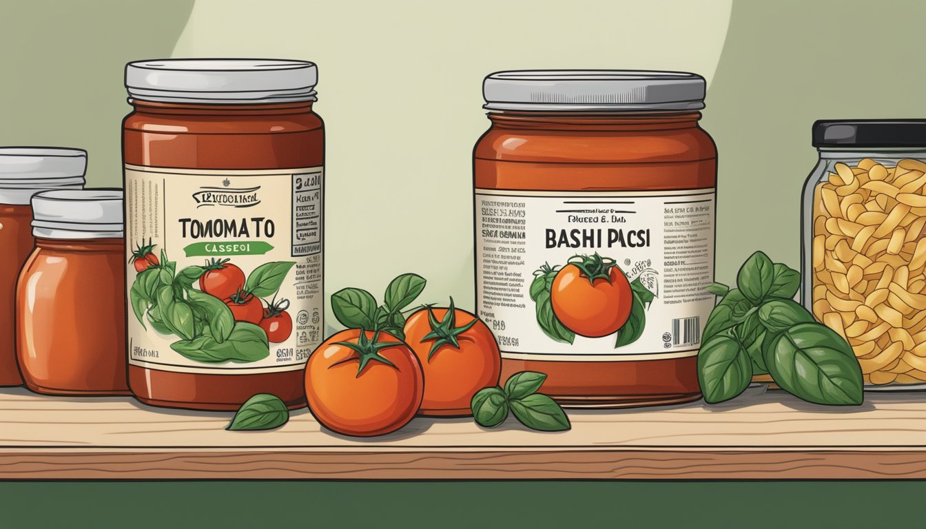 A jar of Classico Tomato and Basil Pasta Sauce sits on a shelf, surrounded by other pantry items. The expiration date is clearly visible on the label