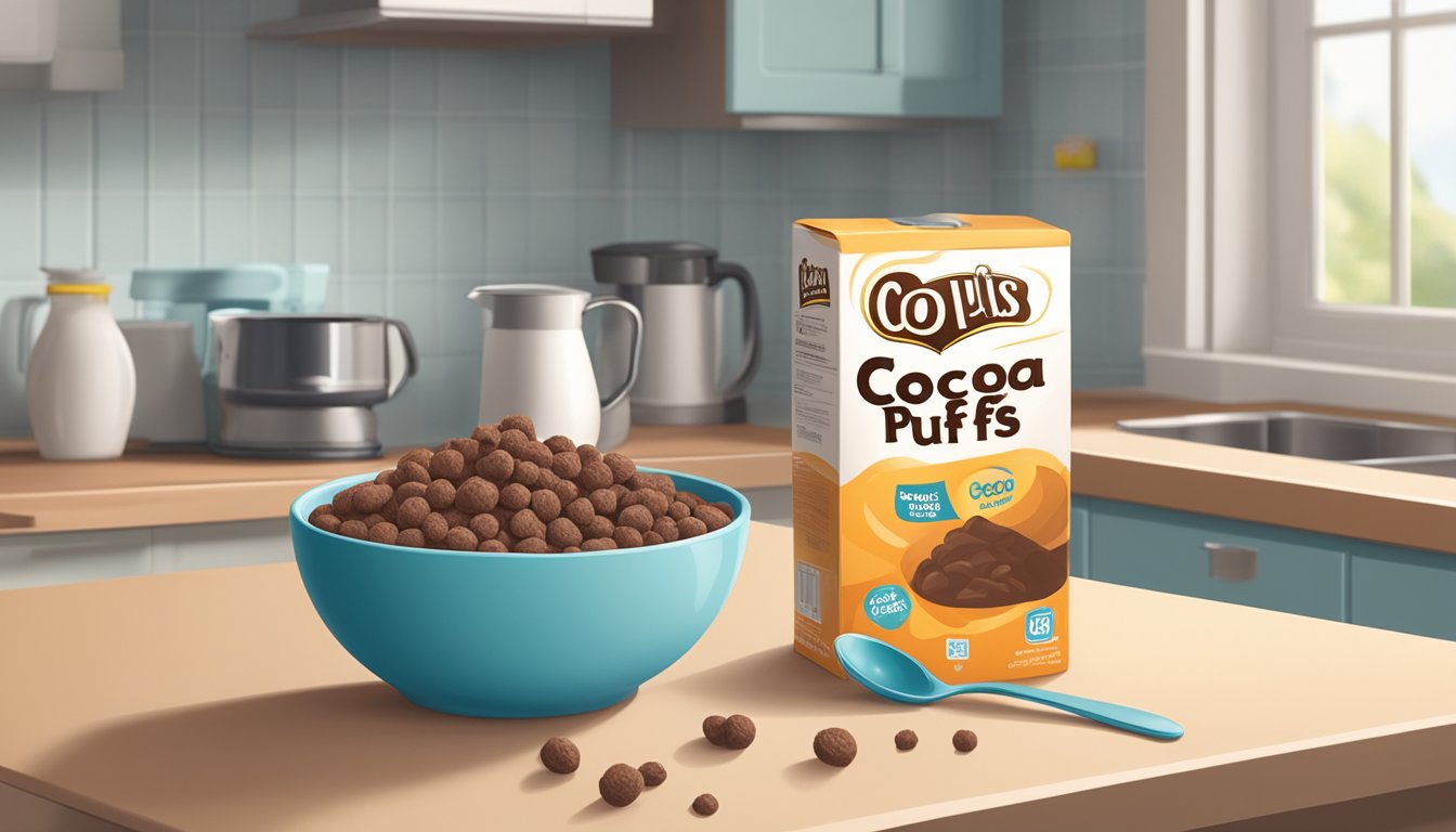 A bowl of Cocoa Puffs sits on a kitchen counter, with a spoon beside it and a carton of milk in the background