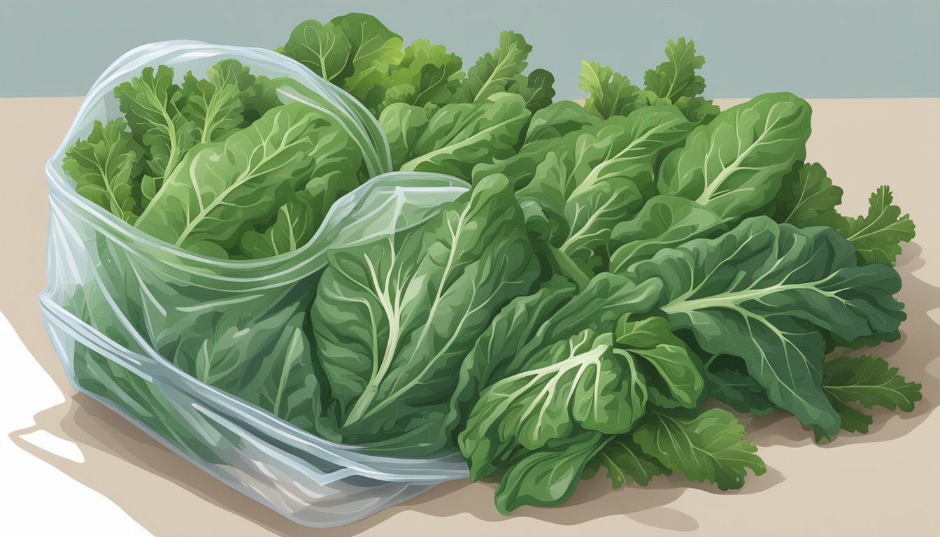 A bunch of fresh collard greens stored in a sealed plastic bag in the refrigerator, surrounded by other leafy greens and vegetables