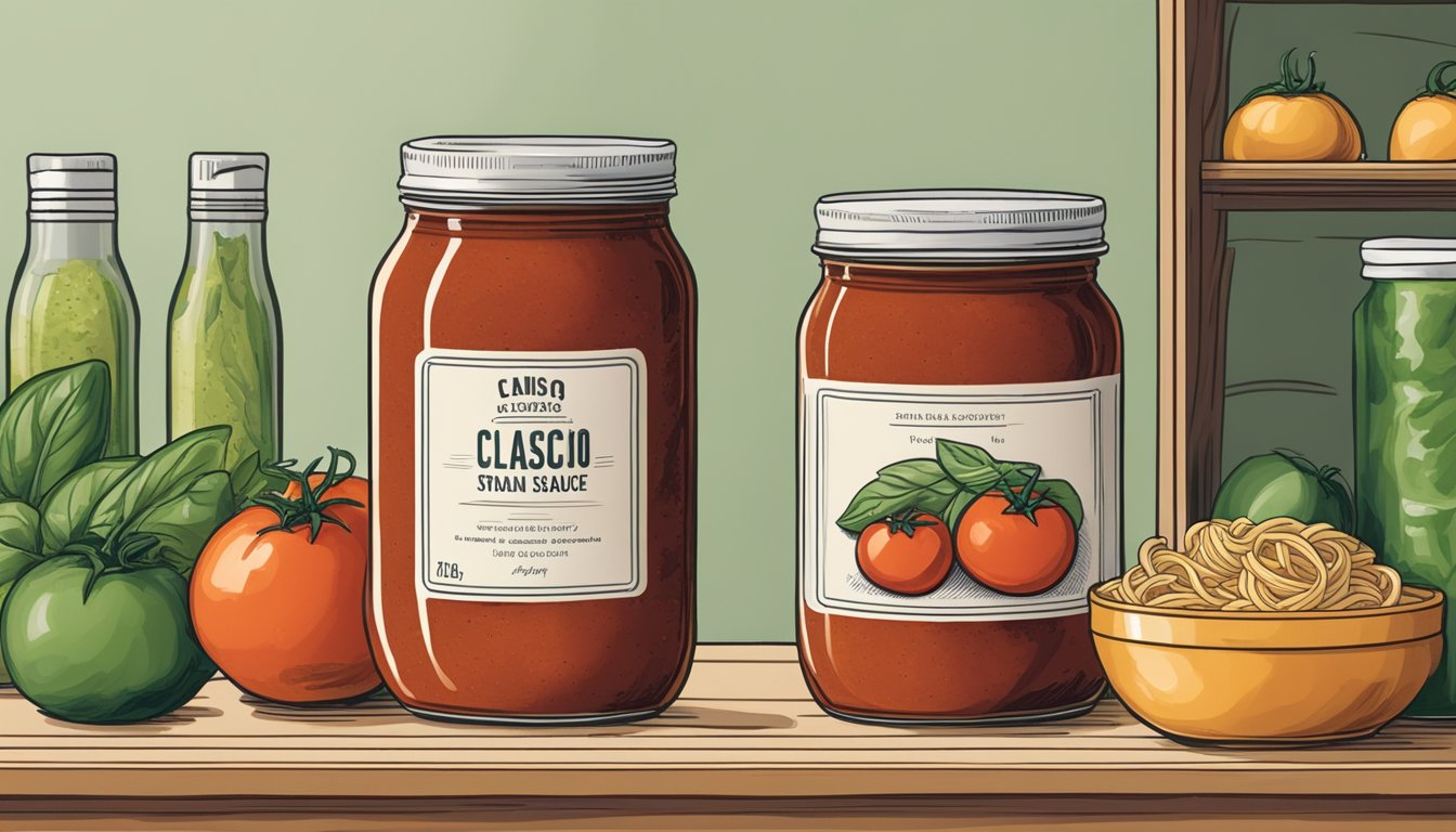 A jar of Classico Tomato and Basil Pasta Sauce sits on a pantry shelf, surrounded by other food items. The label is facing forward, and the jar is unopened with no visible signs of spoilage