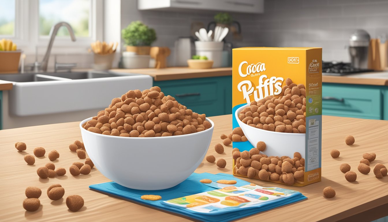 A box of Cocoa Puffs sits on a kitchen counter, surrounded by spilled cereal and a bowl with milk. A calendar in the background shows the current date