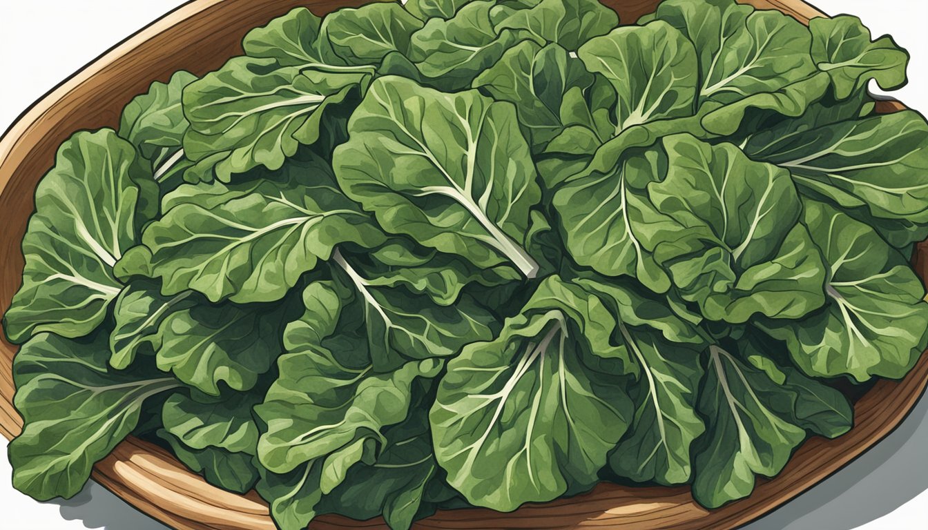 A bunch of collard greens sitting on a kitchen counter, starting to wilt and turn brown