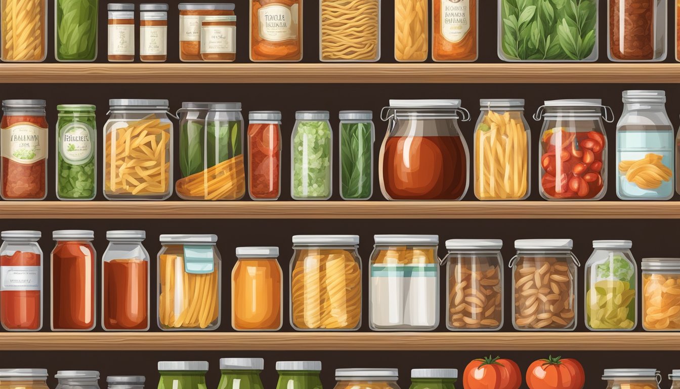 A well-stocked pantry with neatly organized shelves of canned goods and jars, including a prominently placed Classico Tomato and Basil Pasta Sauce