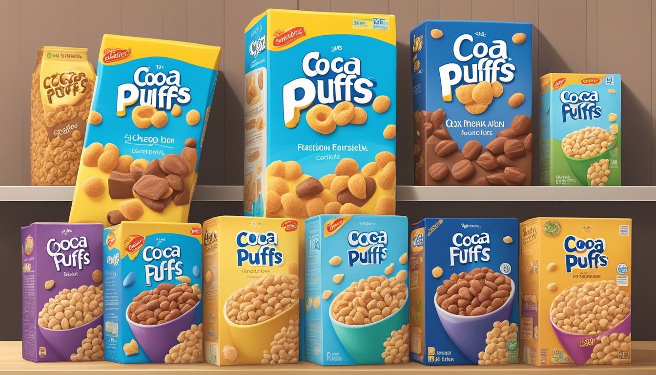 A box of Cocoa Puffs sits on a pantry shelf, surrounded by other cereal boxes. The expiration date is prominently displayed on the packaging