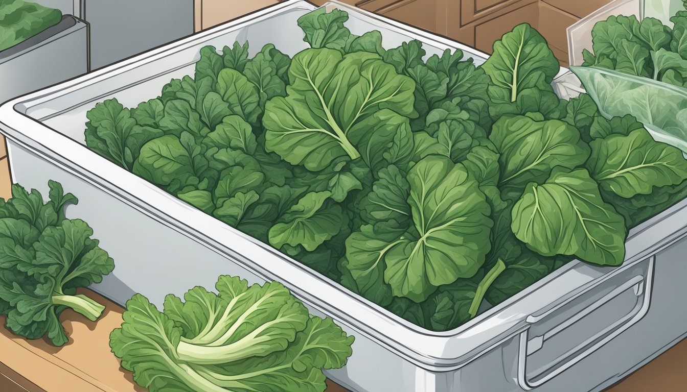 A bunch of fresh collard greens stored in a refrigerator drawer, surrounded by other leafy vegetables and sealed in a plastic bag