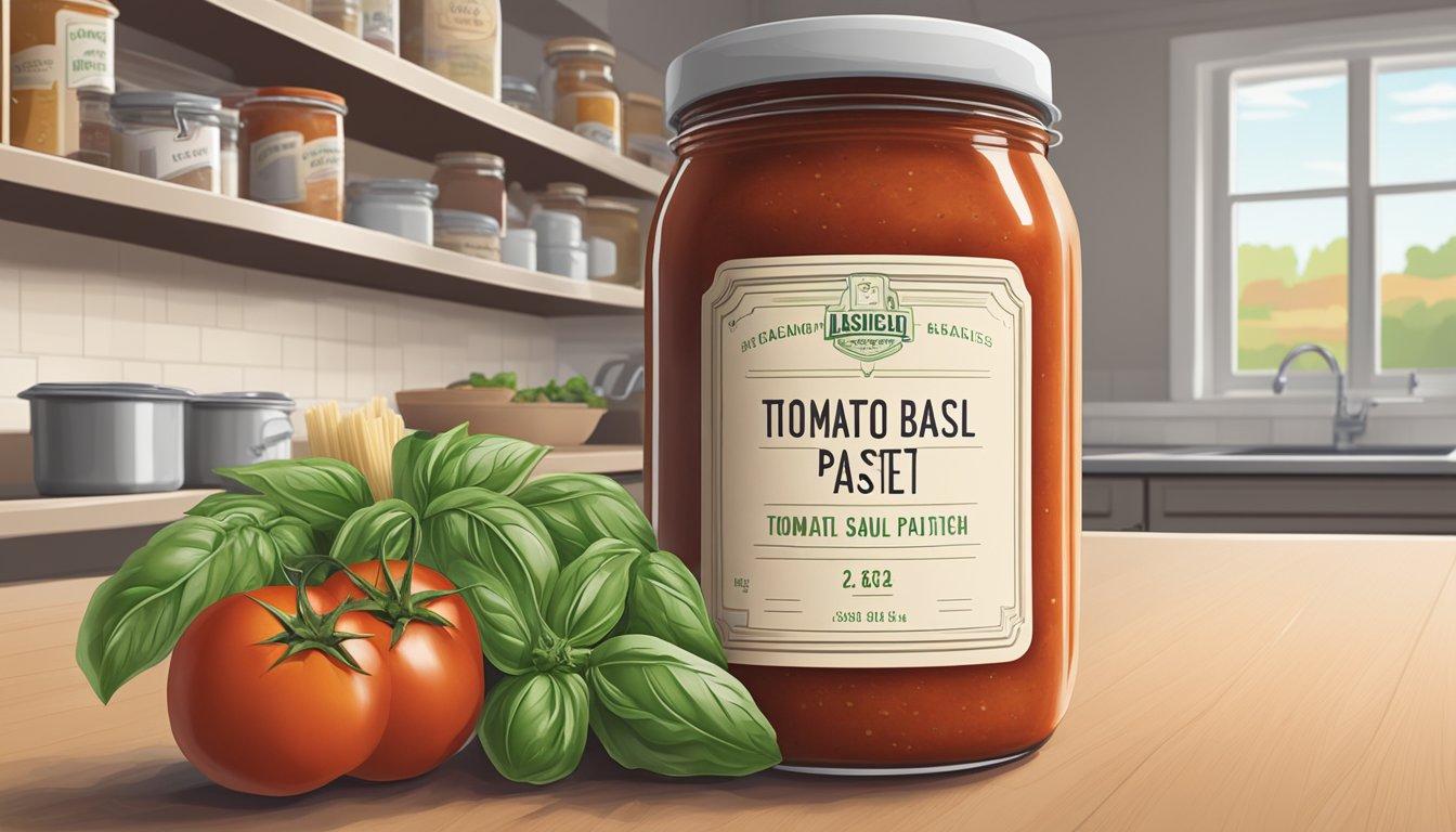 A jar of Classico Tomato and Basil Pasta Sauce sits next to a homemade batch in a kitchen pantry, with expiration dates clearly visible on each label