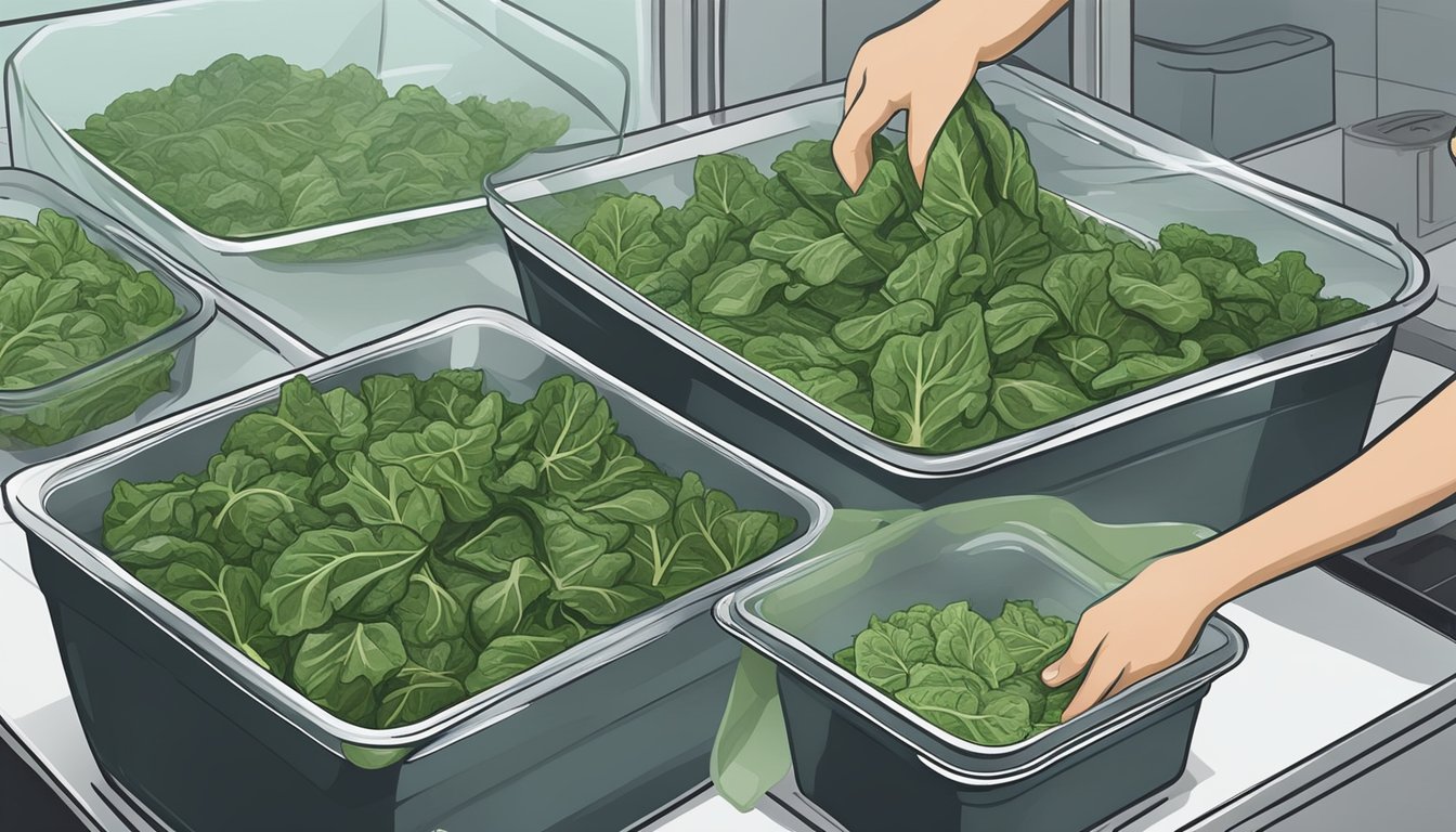 Collard greens being washed, trimmed, and placed in airtight containers for storage in a refrigerator