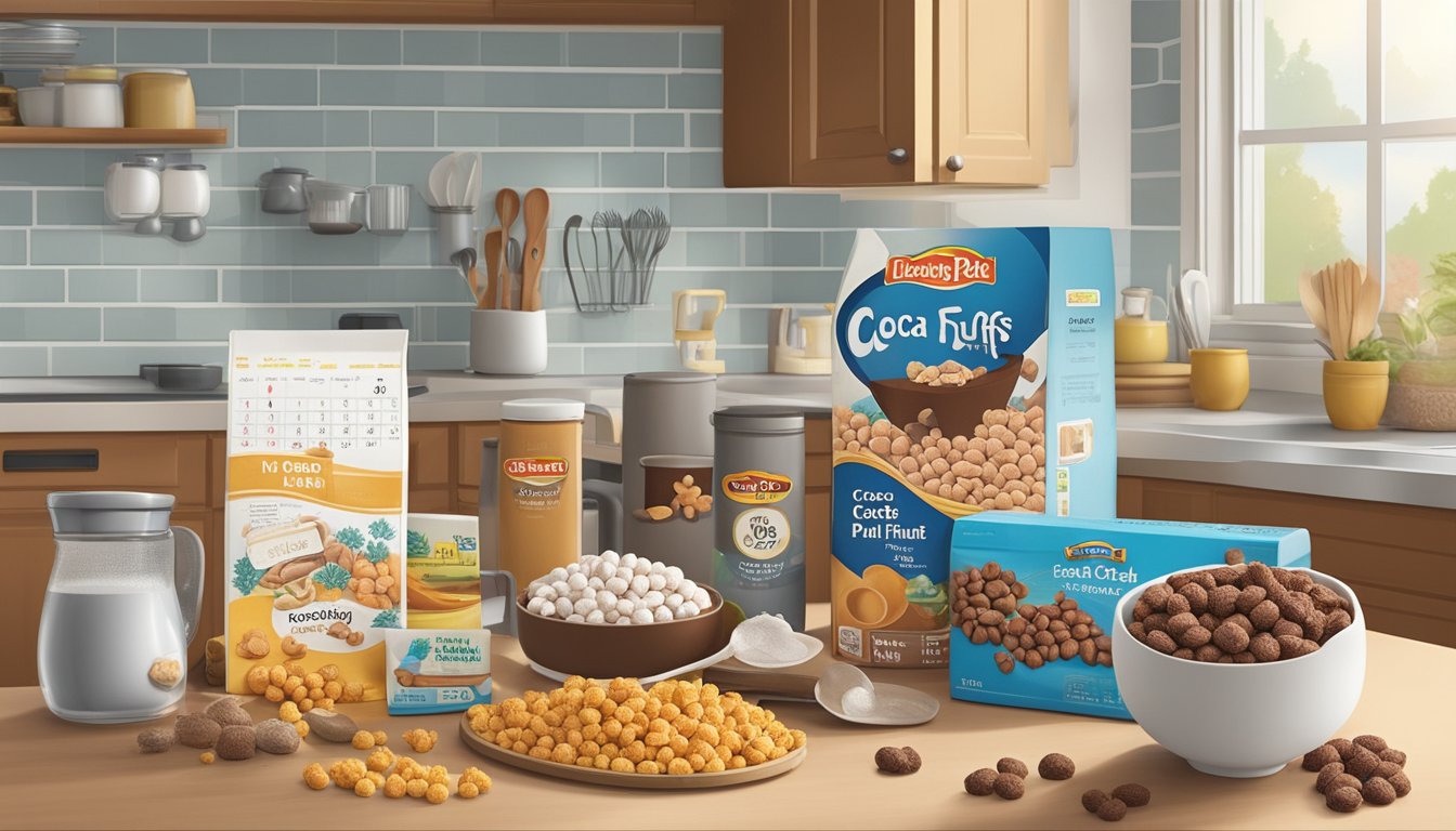 A box of Cocoa Puffs sits on a kitchen counter, surrounded by various pantry items and a calendar indicating the current date