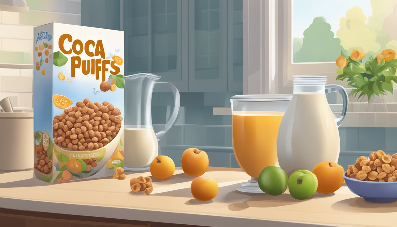 A box of Cocoa Puffs sits on a kitchen counter, next to a calendar showing the current date. The cereal is surrounded by various fruits and a jug of milk