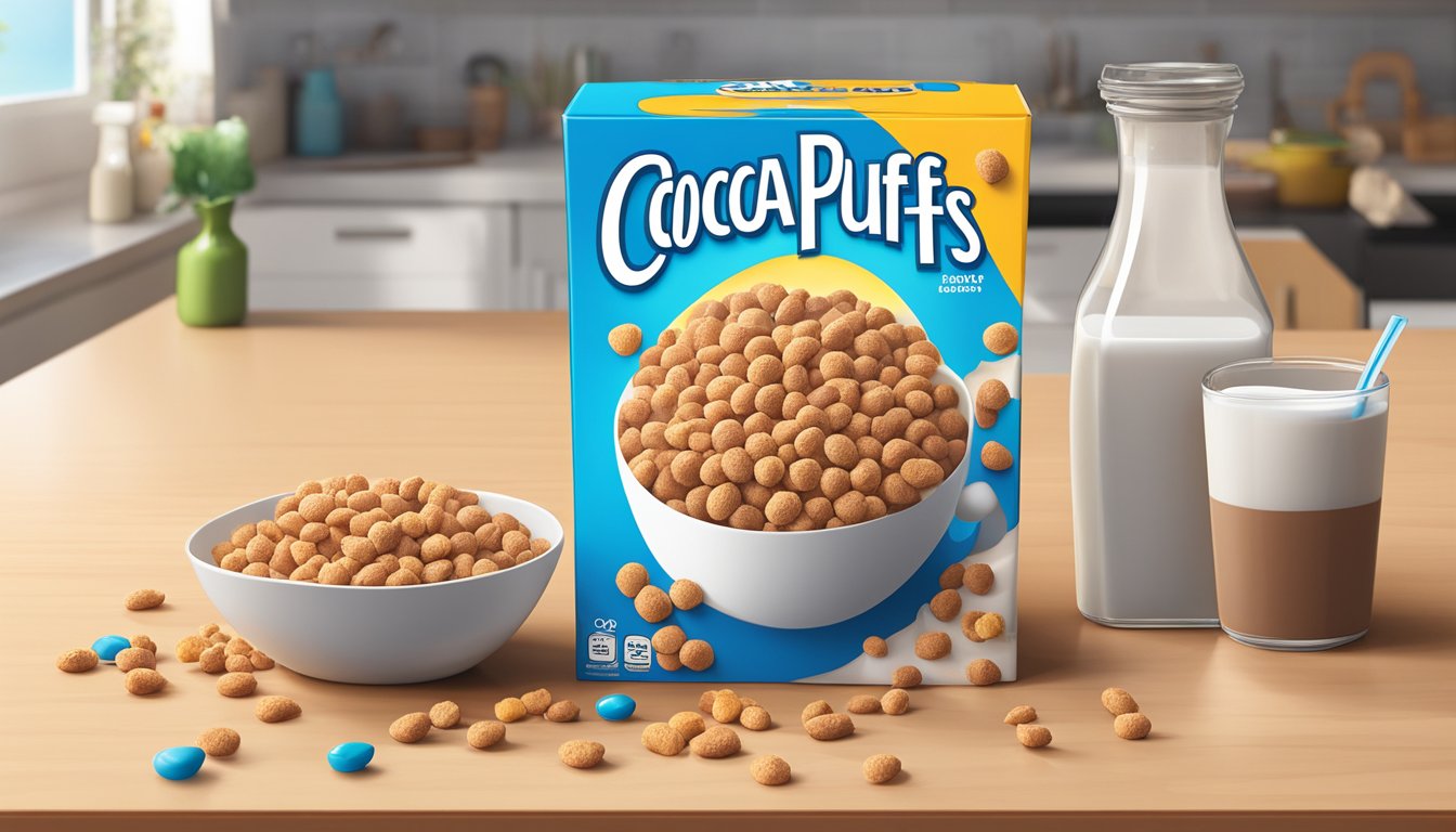 A box of Cocoa Puffs sits on a kitchen counter, surrounded by scattered cereal pieces and a half-empty milk carton