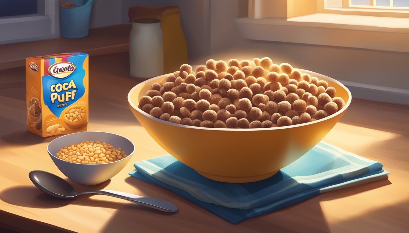 A bowl of Cocoa Puffs sits on a kitchen table, surrounded by colorful cereal boxes and a spoon. Sunlight streams in through the window, casting a warm glow on the scene