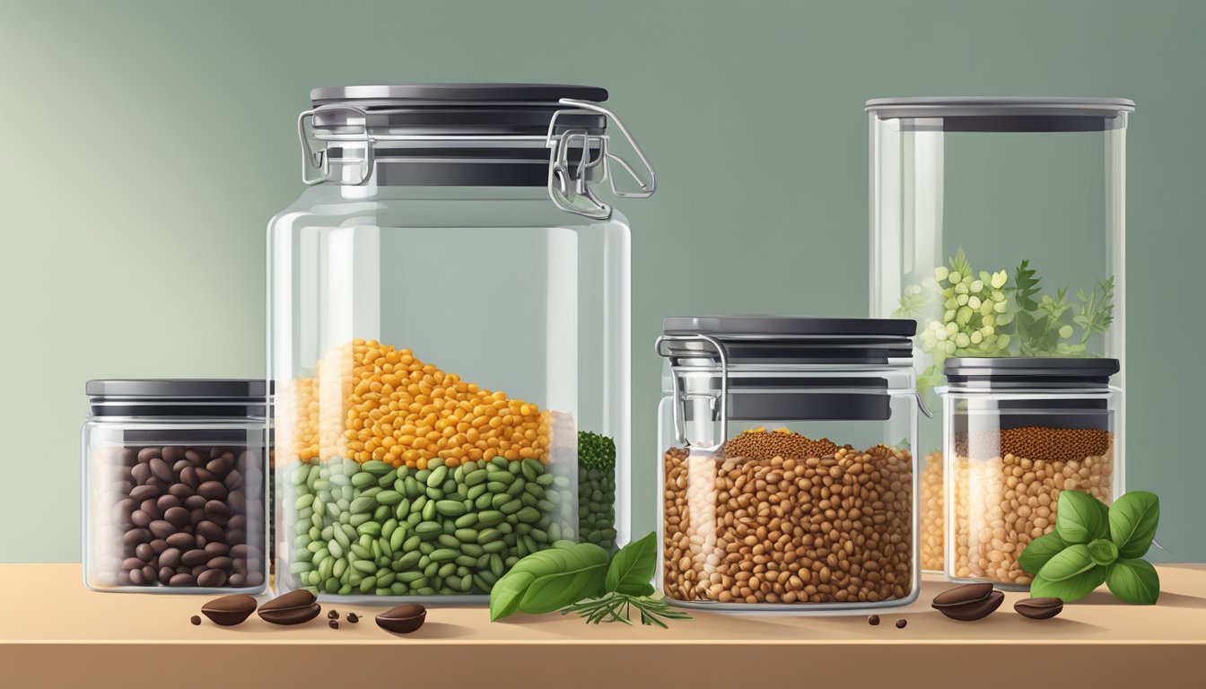 A clear glass container with cooked beans sitting on a kitchen counter, surrounded by various herbs and spices