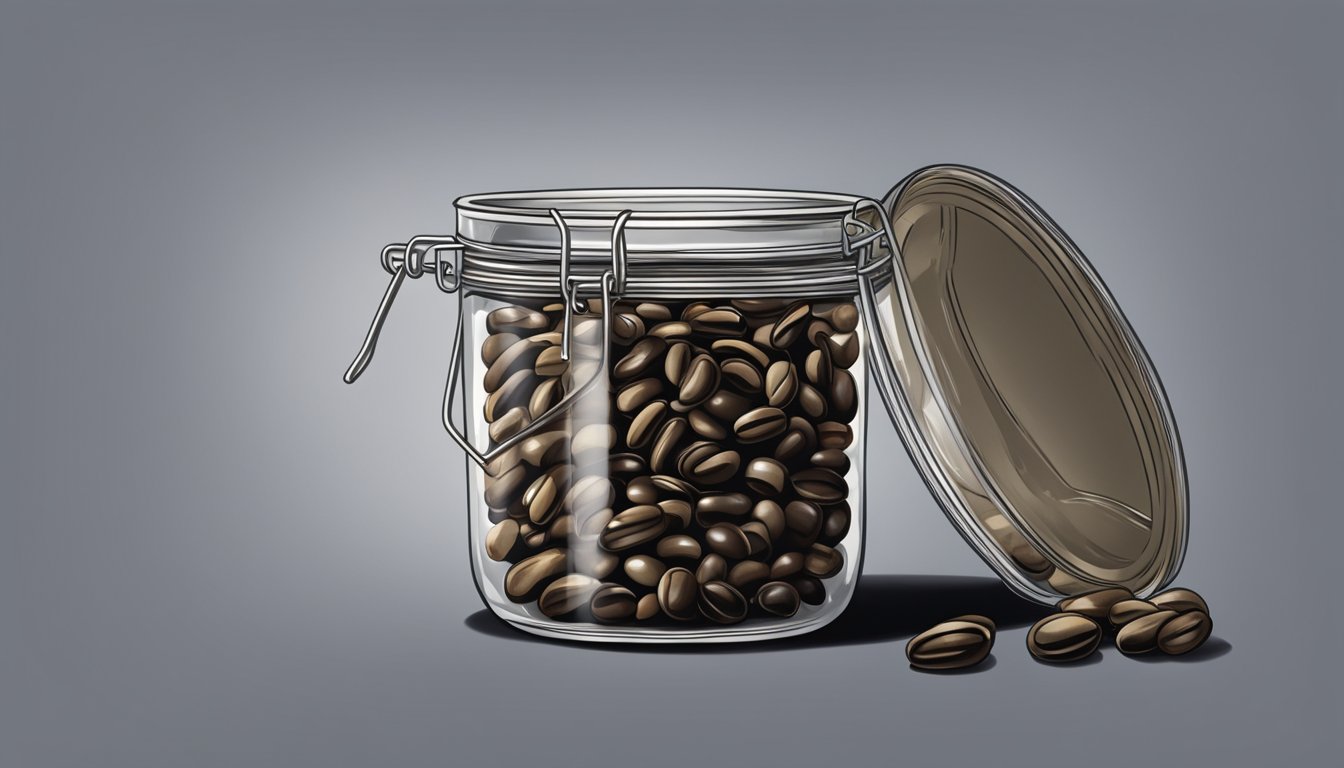 A glass container of cooked beans sits on a kitchen counter, sealed with a lid. The beans are a dark shade and appear moist