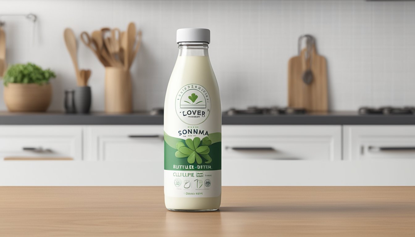 A bottle of Clover Sonoma Cultured Buttermilk sits on a clean, white kitchen counter next to a calendar with the date circled