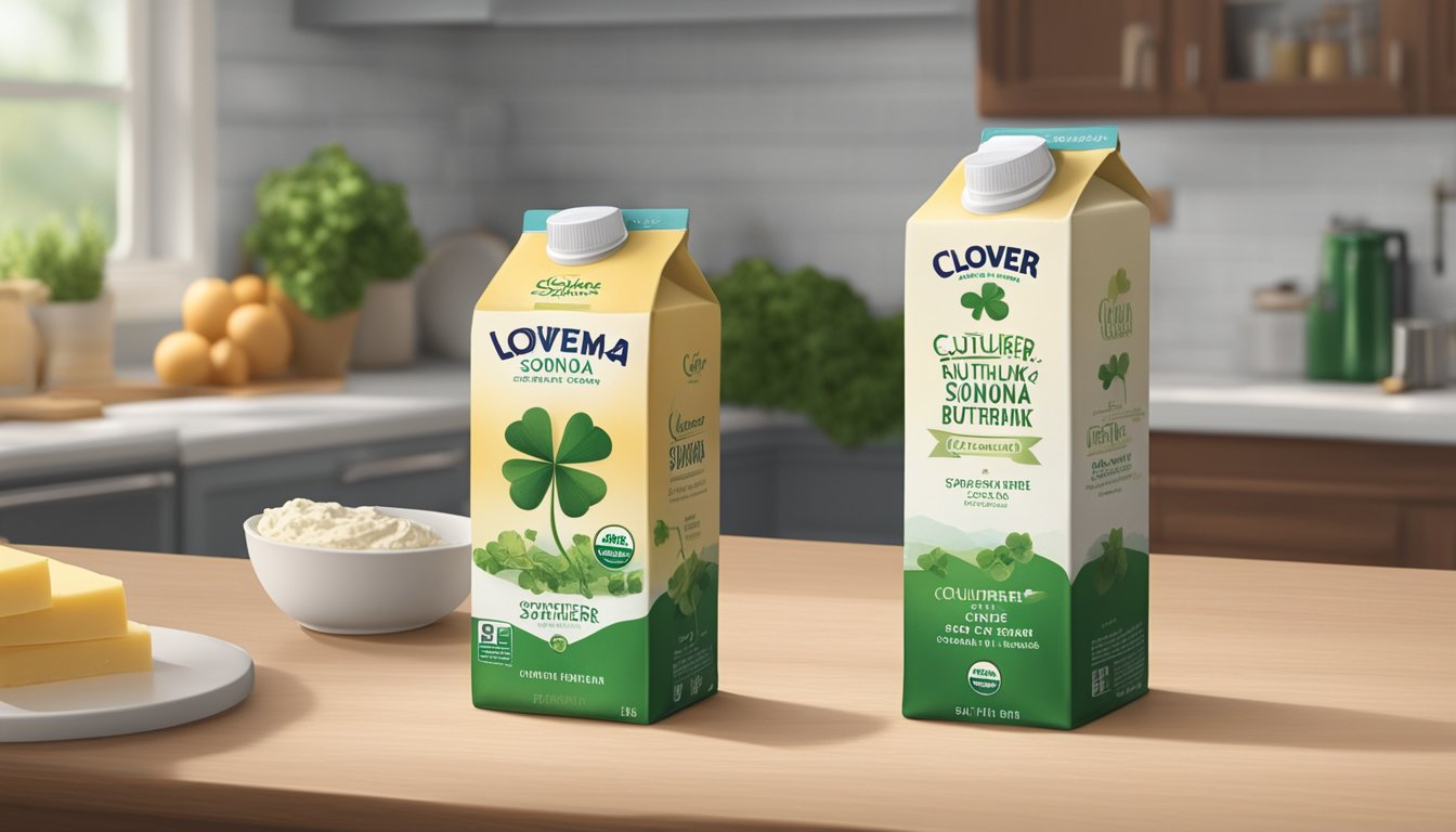 A carton of Clover Sonoma Cultured Buttermilk sits on a kitchen counter, with a visible expiration date and signs of spoilage such as curdled texture and sour smell