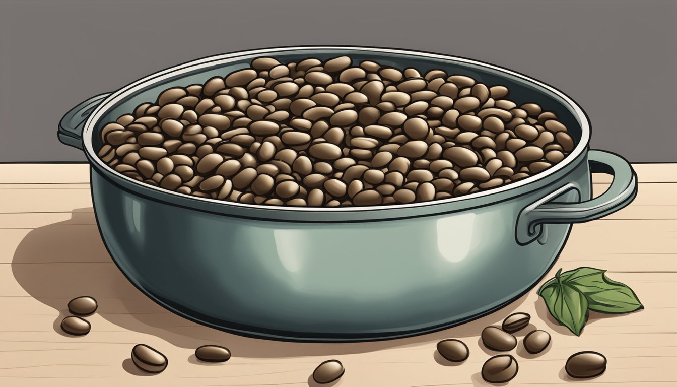 A pot of cooked beans sits on a kitchen counter, covered with a lid. The beans appear to be slightly shriveled and discolored, indicating spoilage