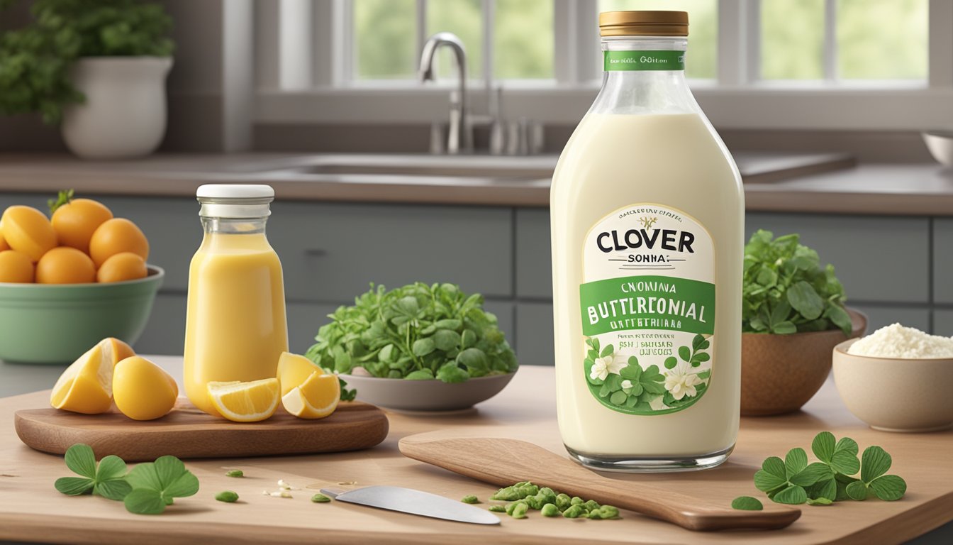 A bottle of Clover Sonoma Cultured Buttermilk sits on a kitchen counter, surrounded by fresh ingredients and measuring utensils