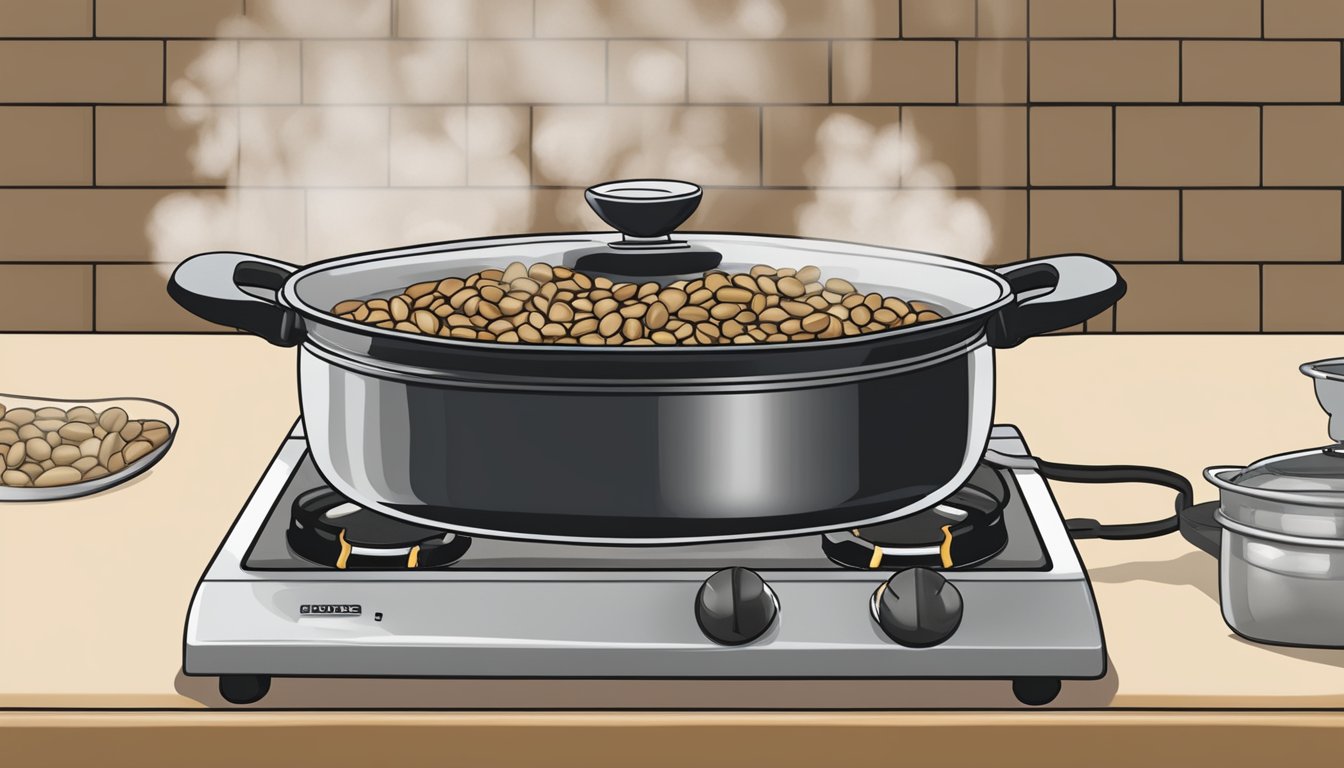 A pot of cooked beans sits on a stovetop, steam rising from the surface. A timer nearby indicates the time elapsed since the beans were cooked