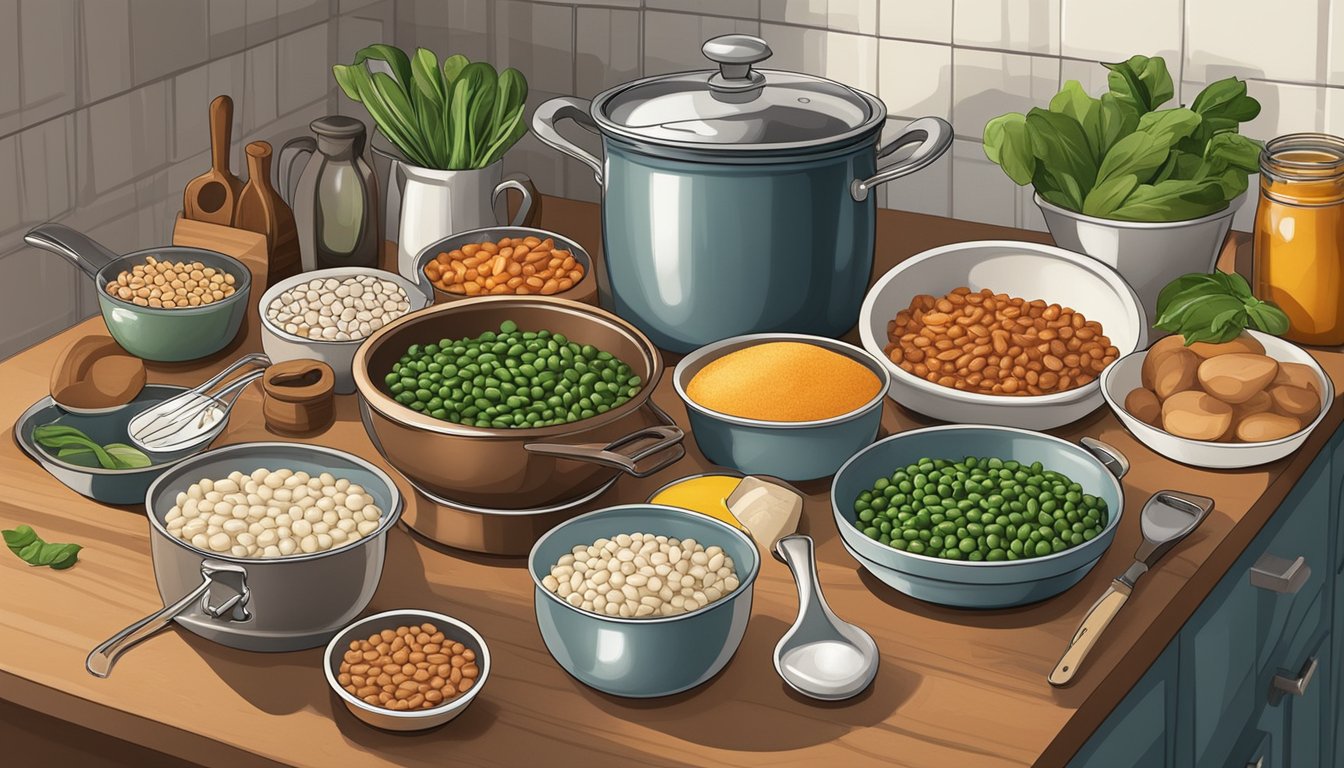 A pot of cooked beans sits on a kitchen counter next to a variety of ingredients and cooking utensils, ready to be incorporated into a meal