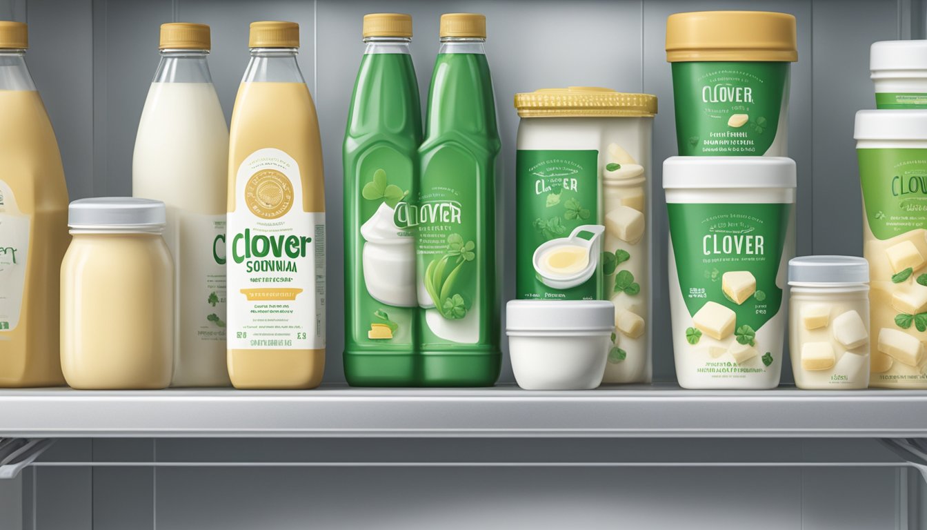 A bottle of Clover Sonoma Cultured Buttermilk sits unopened on a clean, organized refrigerator shelf, alongside other dairy products