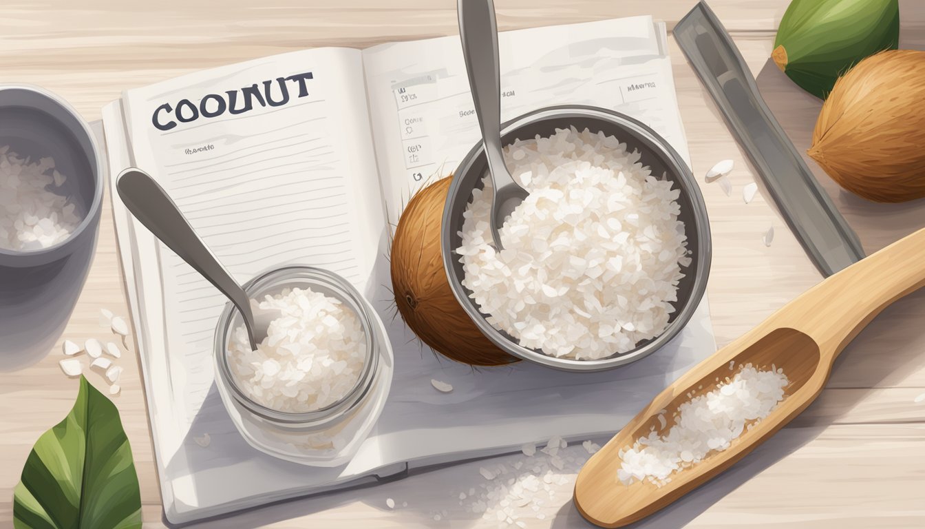 A jar of coconut flakes sits on a kitchen counter, next to a measuring spoon and a recipe book. The flakes are dry and white, with a few scattered on the counter