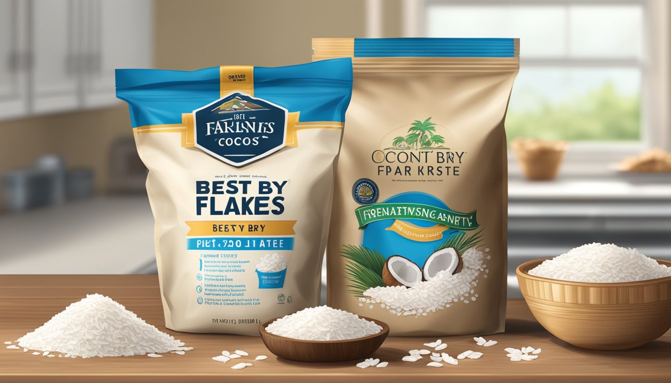 A sealed bag of coconut flakes with a "best by" date visible, next to a pantry filled with other dry goods