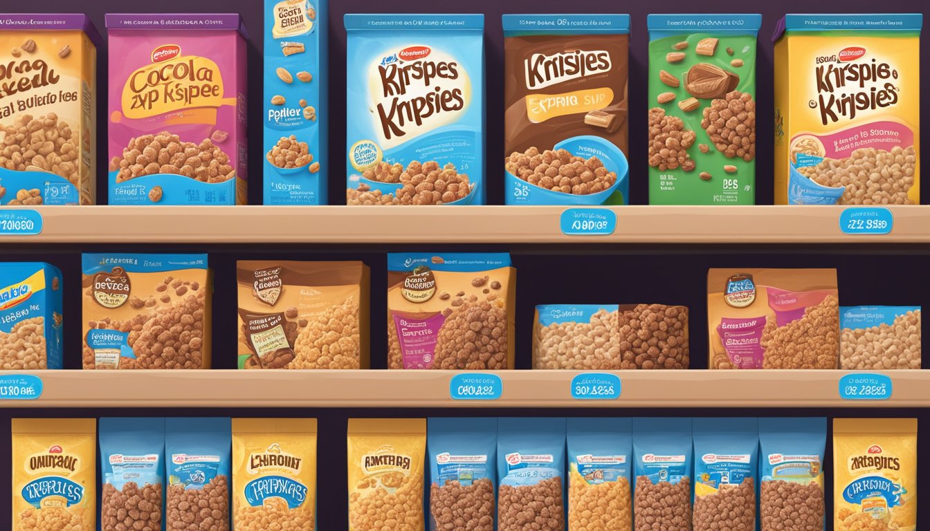 A box of Cocoa Krispies sits on a pantry shelf, surrounded by other cereal boxes. The expiration date is visible on the packaging