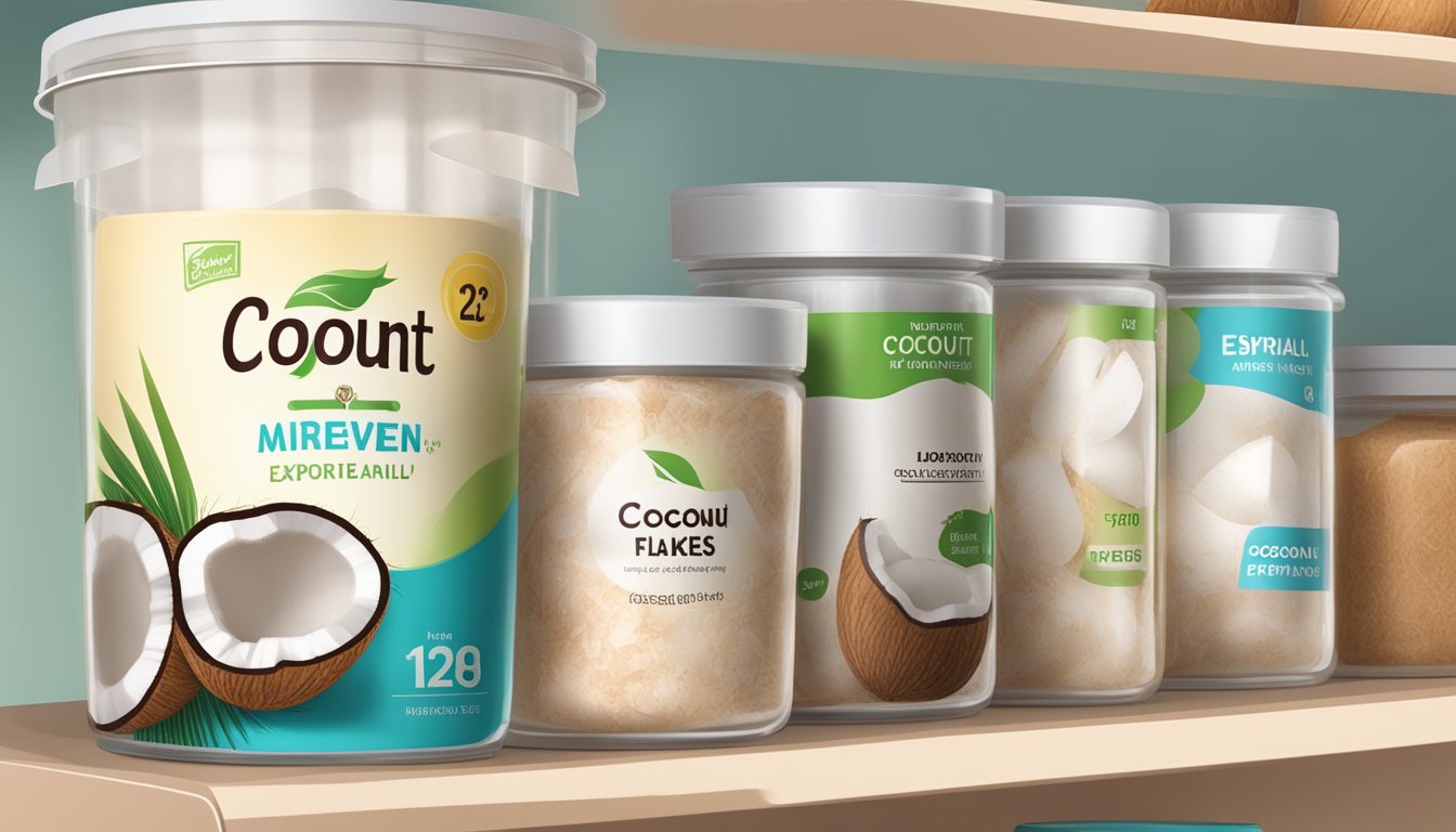 A clear, airtight container of coconut flakes sits on a kitchen shelf, next to a labeled expiration date