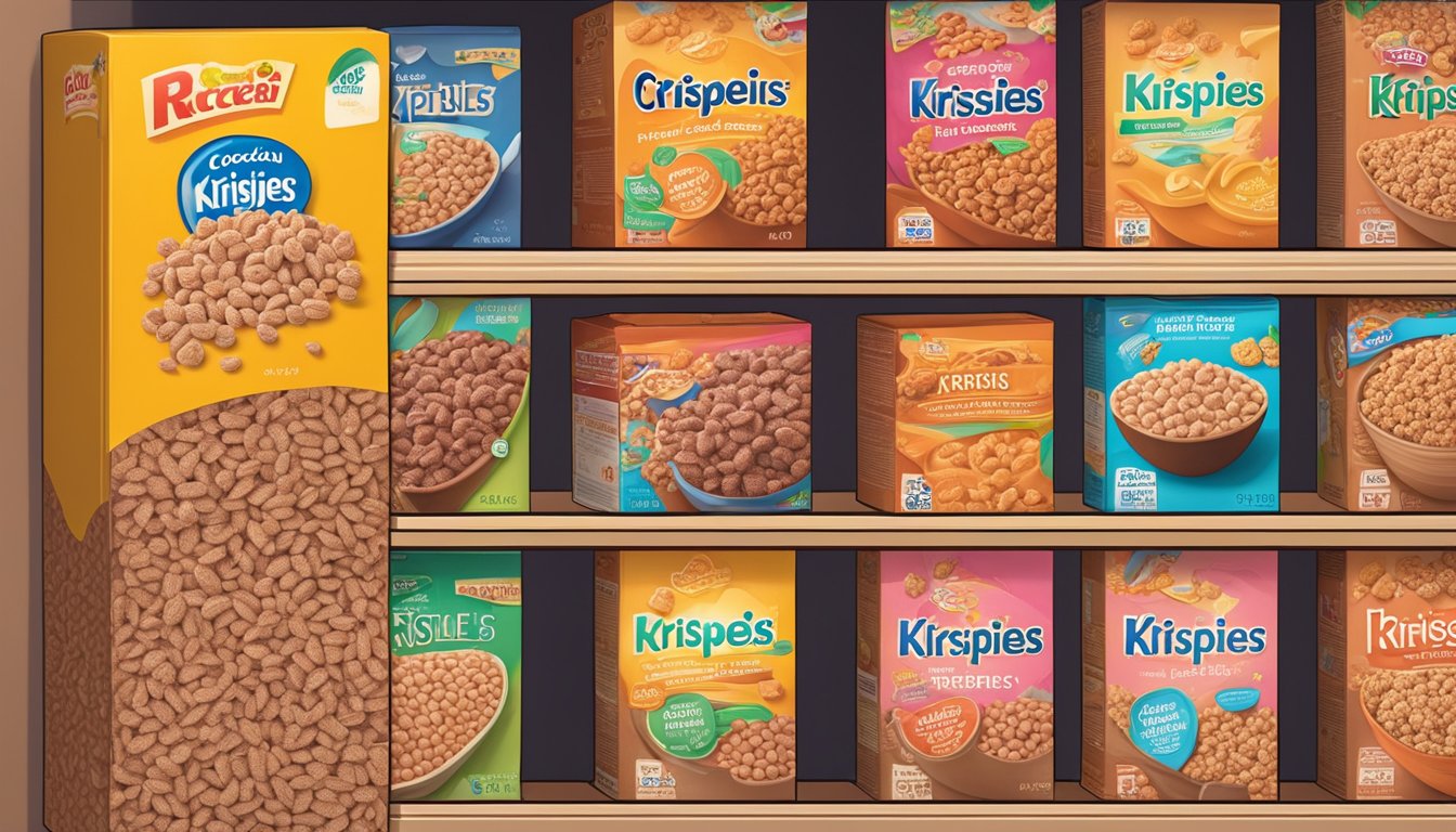 A box of Cocoa Krispies sits on a pantry shelf, surrounded by other cereal boxes. The expiration date is visible on the packaging