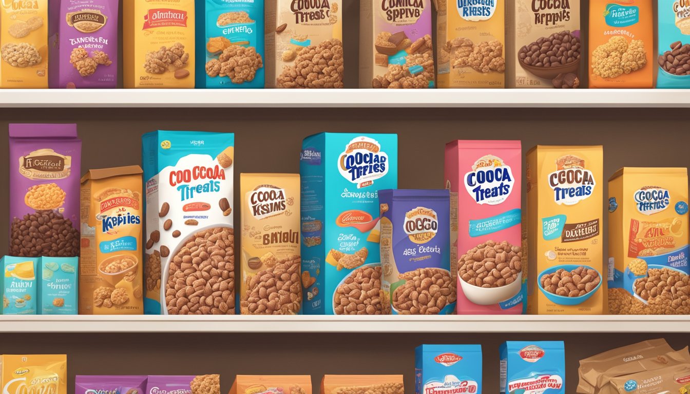 A pantry shelf with a box of Cocoa Krispies Treats, surrounded by other snacks and cereal boxes